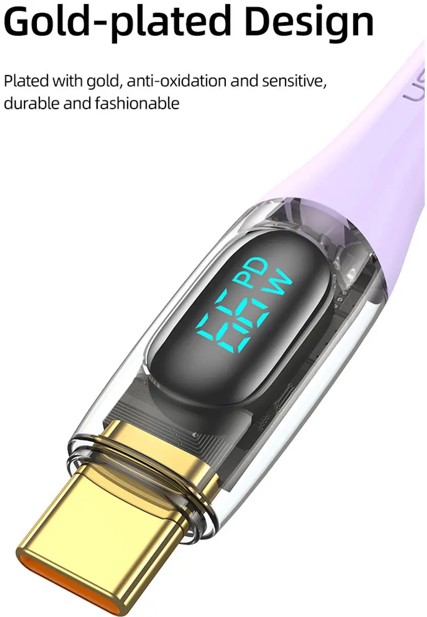 USAMS USB-A naar USB-C kabel 66W - 1.2m - Digitaal Display - Zwart - afbeelding 2 van 6