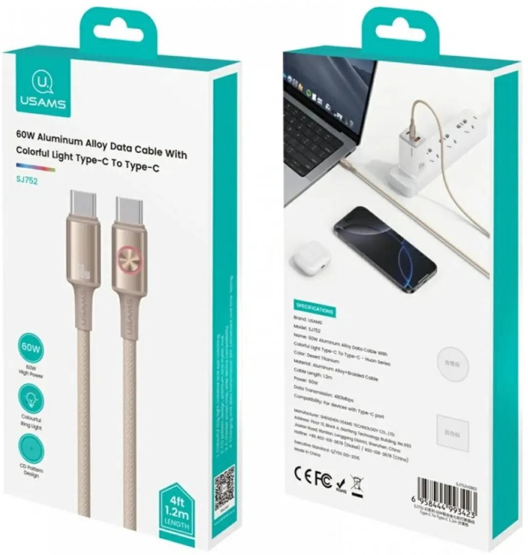 USAMS Huan SJ752 USB-C naar USB-C Kabel - 60W - 1,2m - afbeelding 3 van 4