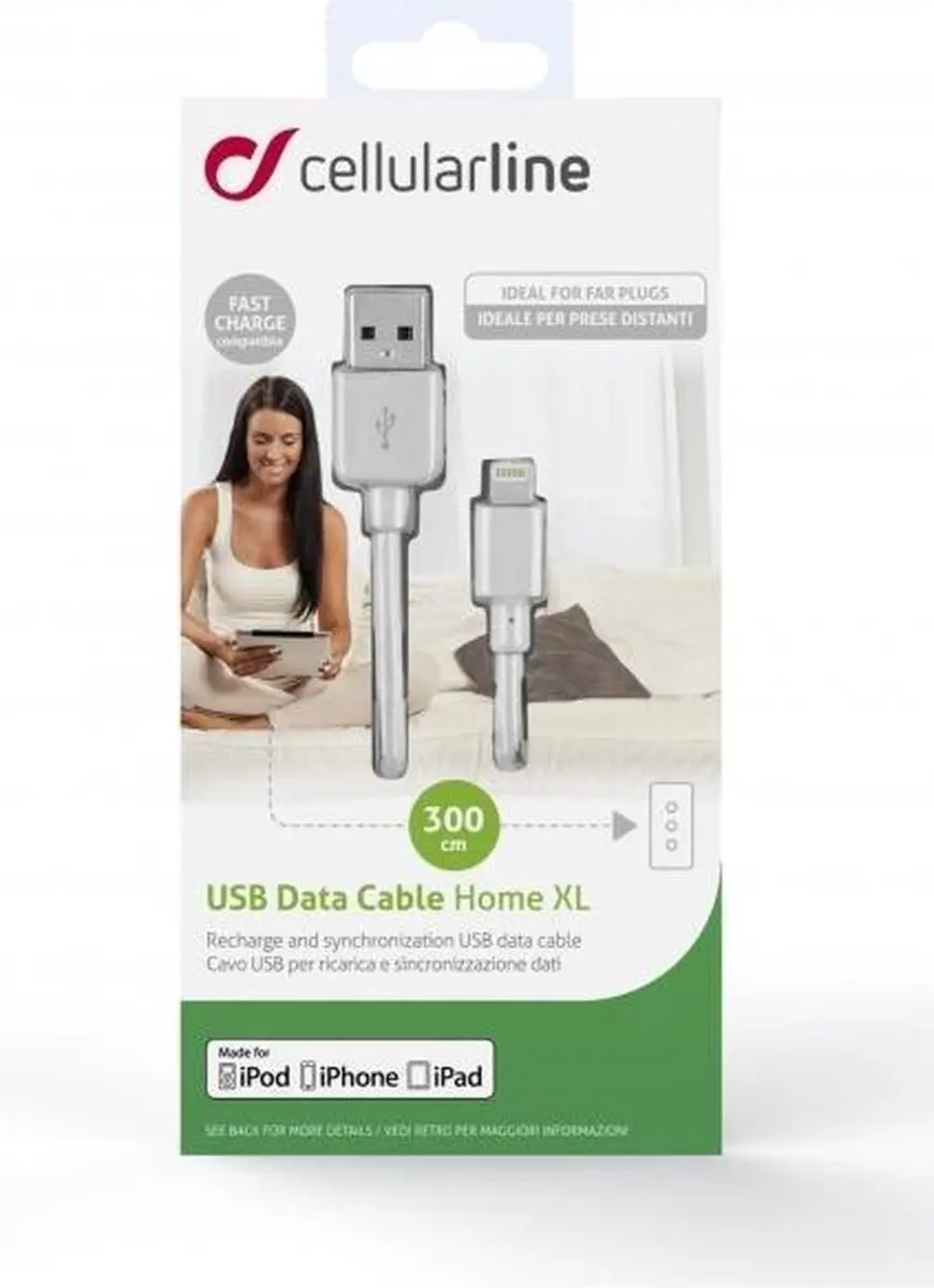 Cellularline USBDATAMFIIPH3MW Lightning-kabel 3m - Wit - afbeelding 2 van 5