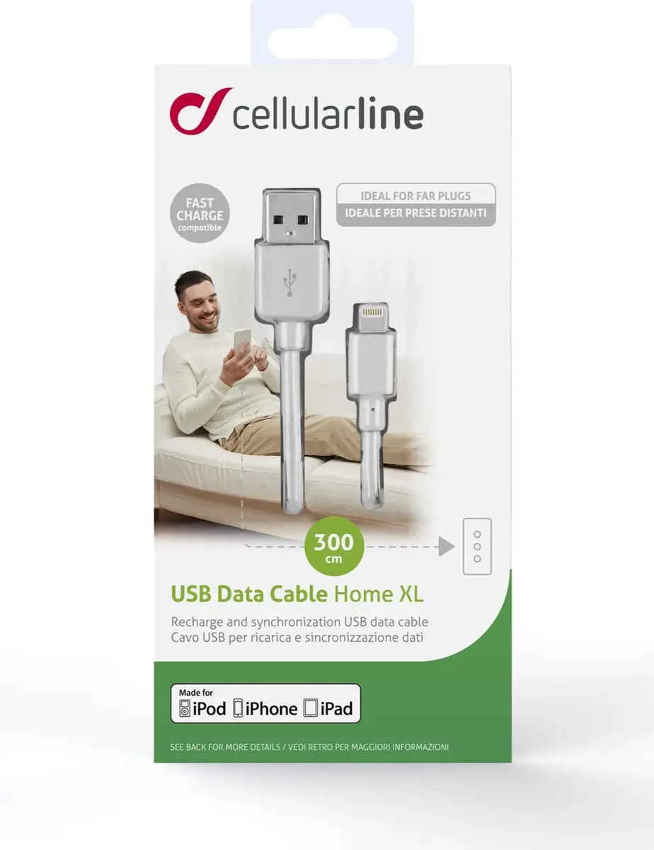 Cellularline USBDATAMFIIPH3MW Lightning-kabel 3m - Wit - afbeelding 3 van 5