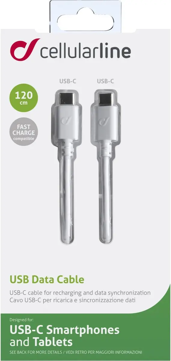 Cellularline USBDATACUSBC-CW USB-C Kabel 1.20m - Wit - afbeelding 4 van 6