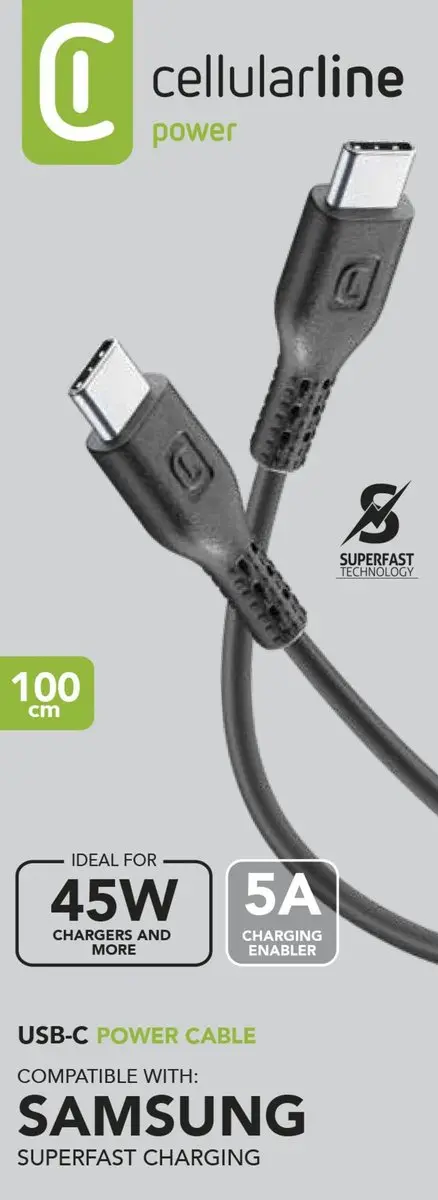 Cellularline USBDATAC2C5A1MK USB-C naar USB-C kabel 5A - Zwart - afbeelding 2 van 5