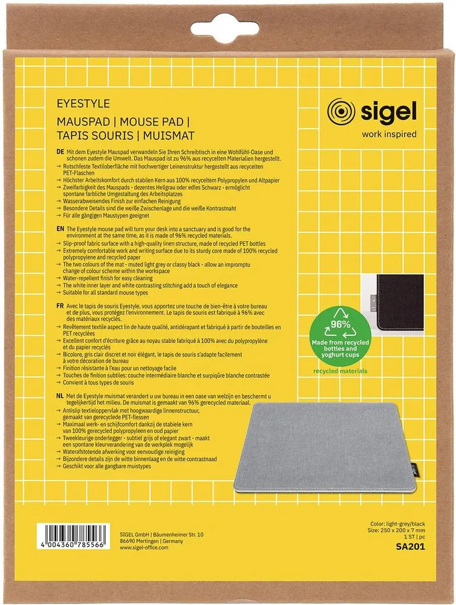 Sigel Eyestyle Muismat - 250x200x7mm - Lichtgrijs/Zwart - afbeelding 4 van 6