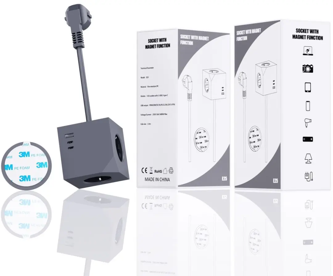 MicroConnect Power Cube 3 Schuko outlets with Magnetic function 2 (MC-CUBE015USB