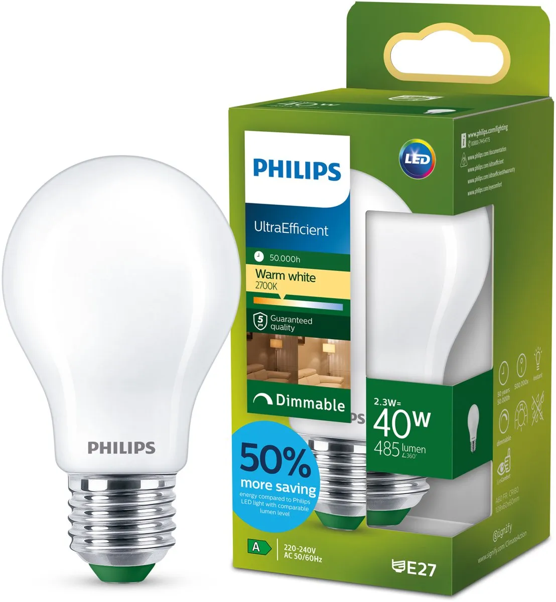 Philips UltraEfficient LED A60 E27 2.3W Warmwit Mat