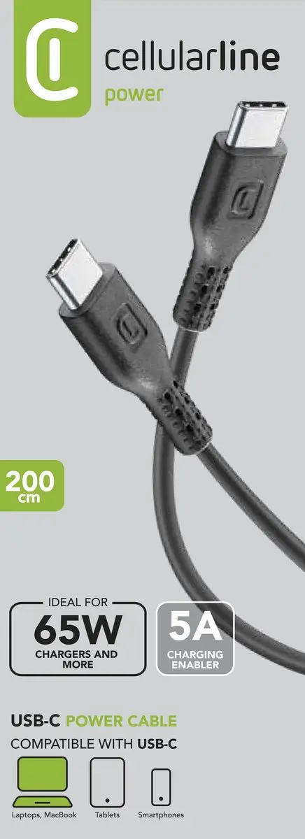 Cellularline USBDATAC2C5A2MTABK USB-C Kabel 2m - Zwart - afbeelding 3 van 5