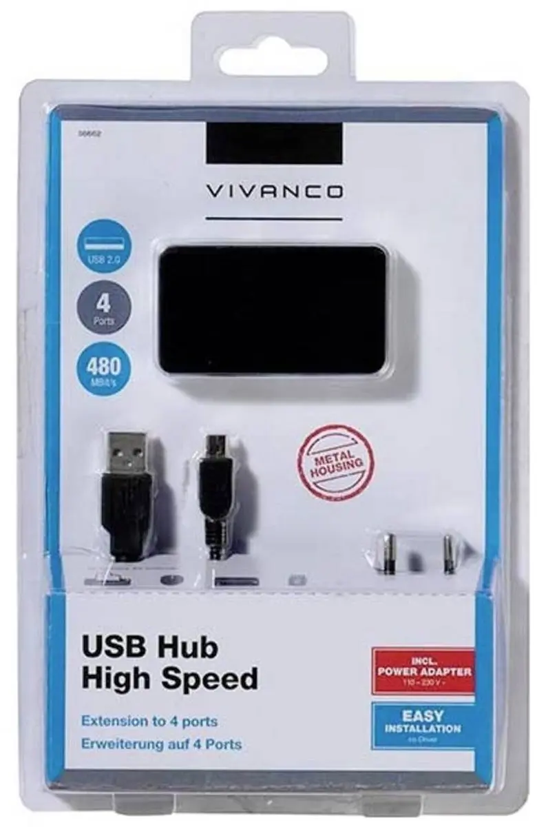 Vivanco VVITHUB2V4PORTS USB 2.0 Hub - Zwart/Zilver - afbeelding 3 van 3