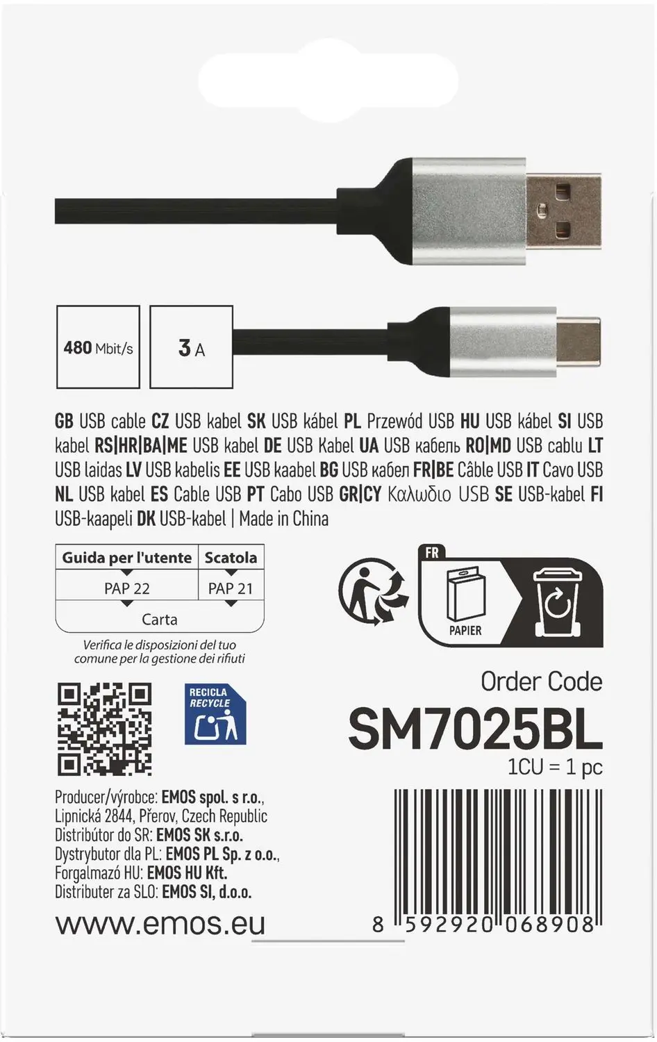 Emos SM7025BL USB-kabel USB-A naar USB-C 1m - Zwart - afbeelding 3 van 6
