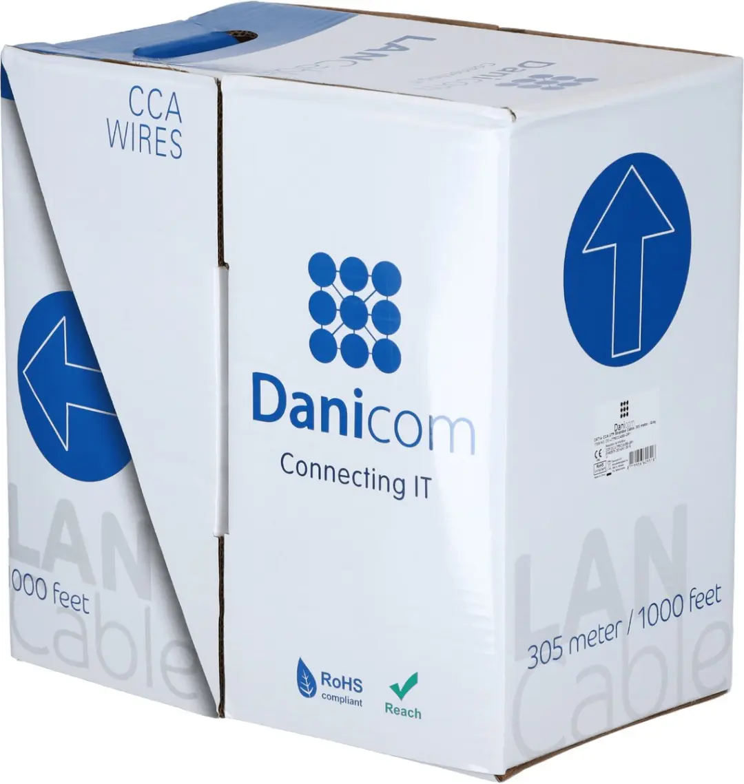 Danicom CAT5e U/UTP 305 meter kabel op rol soepel grijs CCA