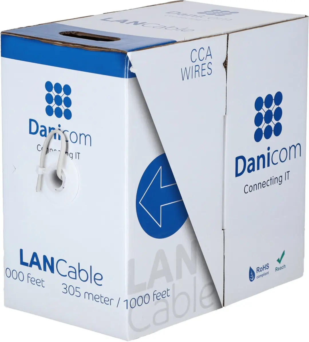 Danicom CAT5e U/UTP 305 meter kabel op rol stug grijs CCA