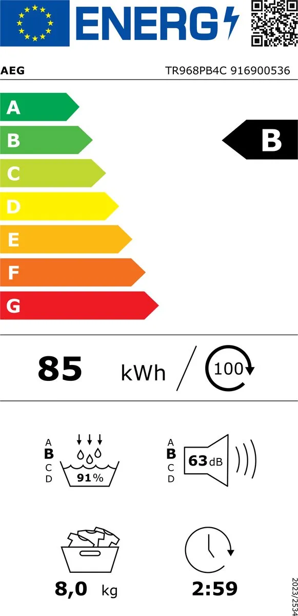 AEG TR968PB4C Warmtepompdroger 8 kg - Wit