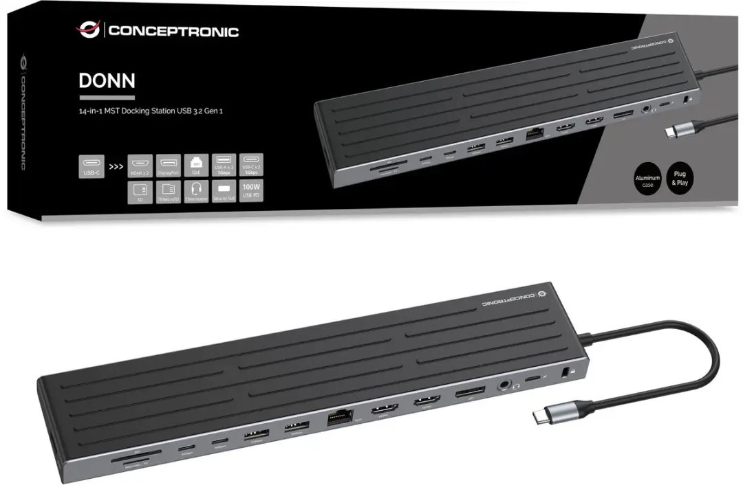 Conceptronic DONN32B USB-C Dockingstation - Zilver/Grijs - afbeelding 2 van 6