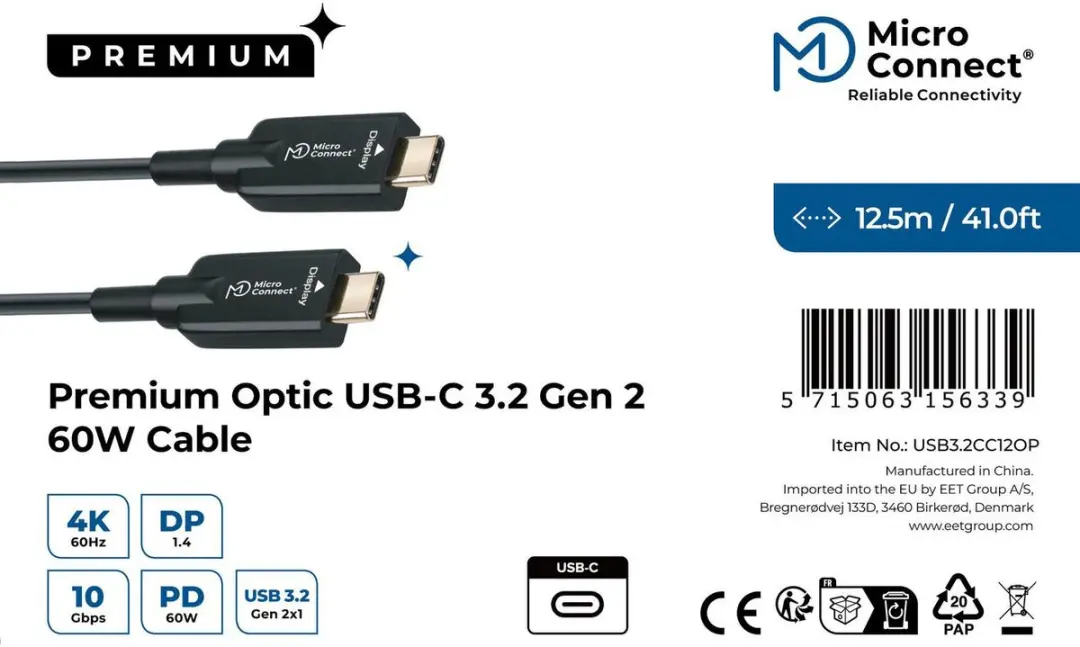 MicroConnect USB3.2CC12OP USB-C kabel 12,5m - Zwart - afbeelding 2 van 6