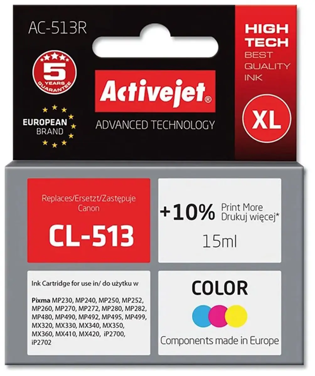ActiveJet AC-513R Inktcartridge Cyaan/Magenta/Geel 15ml - afbeelding 4 van 6