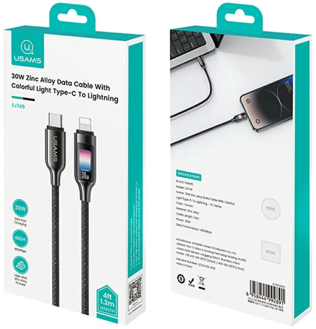 USAMS TC Serie USB-C naar Lightning Kabel SJ749 - 1,2m - 30W - Titaan - afbeelding 6 van 6