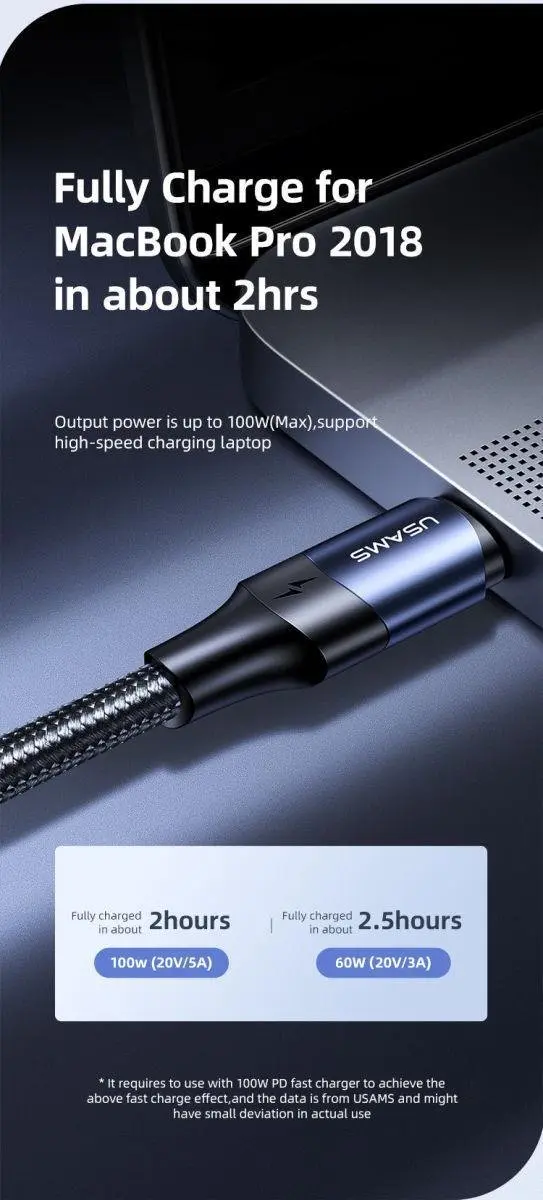 USAMS USB-C Snellaadkabel 100W 5A - 3m - Zwart - afbeelding 5 van 6