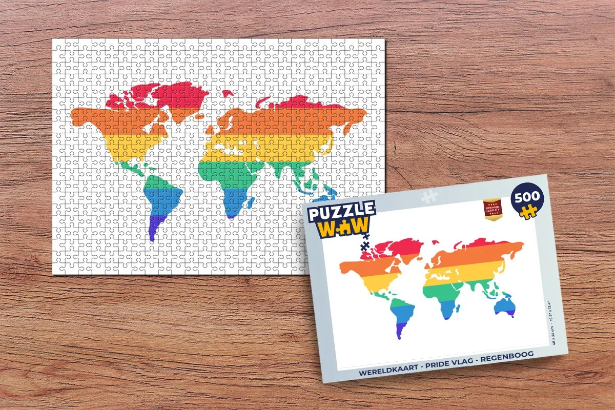 PuzzleWow Wereldkaart Pride Vlag Regenboog Legpuzzel 500 Stuks