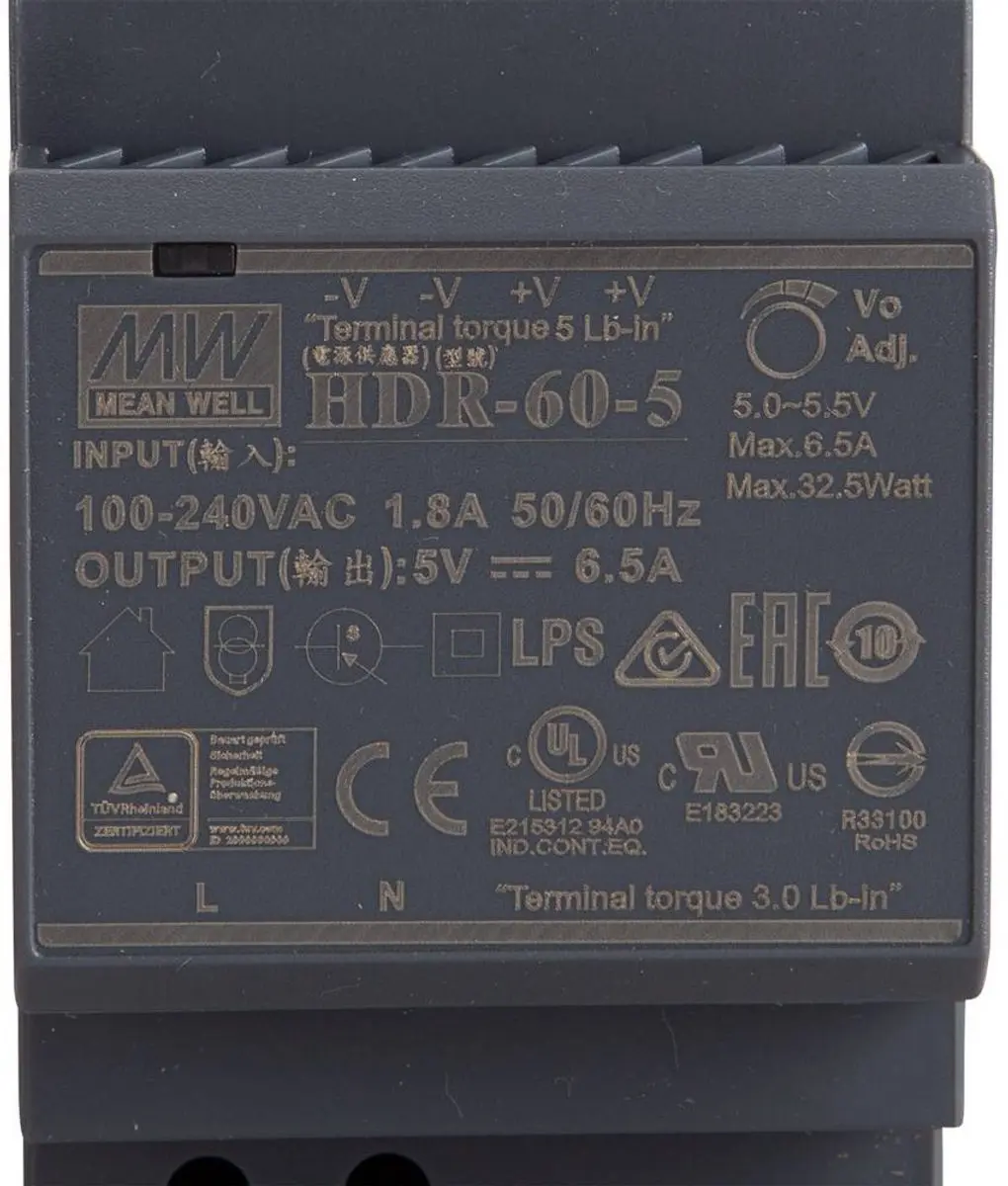 Mean Well HDR-60-5 DIN-rail netvoeding - 5V 6.5A - afbeelding 4 van 6