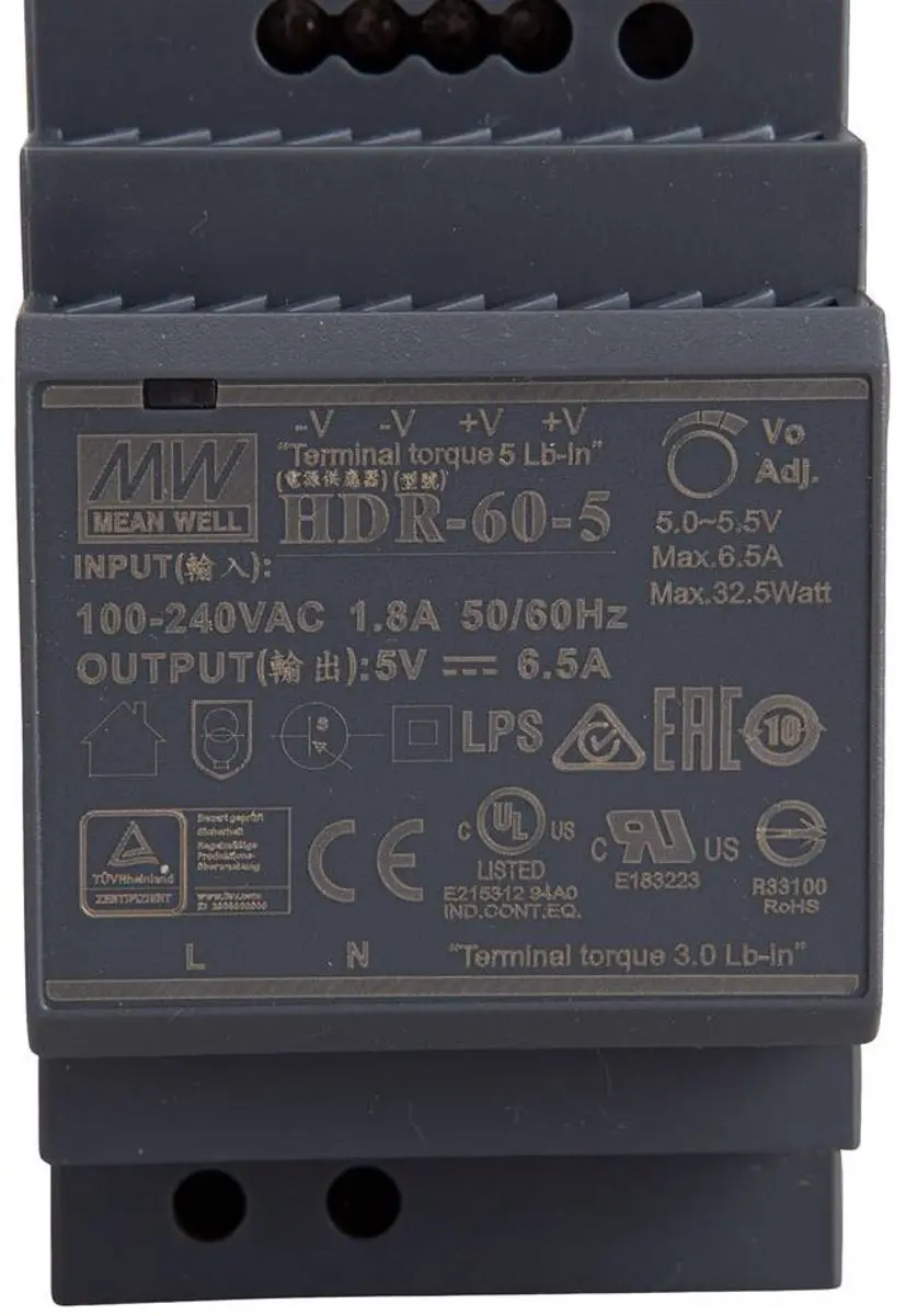 Mean Well HDR-60-5 DIN-rail netvoeding - 5V 6.5A - afbeelding 3 van 6