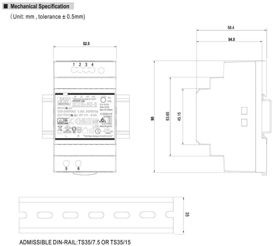 Mean Well HDR-60-5 DIN-rail netvoeding - 5V 6.5A - afbeelding 5 van 6