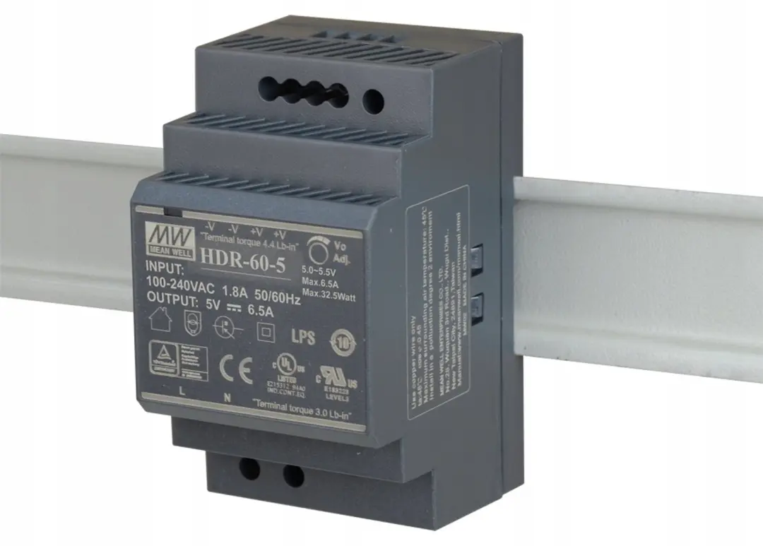 Mean Well HDR-60-5 DIN-rail netvoeding - 5V 6.5A - afbeelding 2 van 6