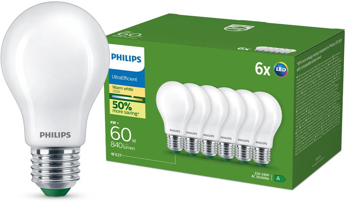Philips UltraEfficient LED Lamp E27 4W - 6 Stuks