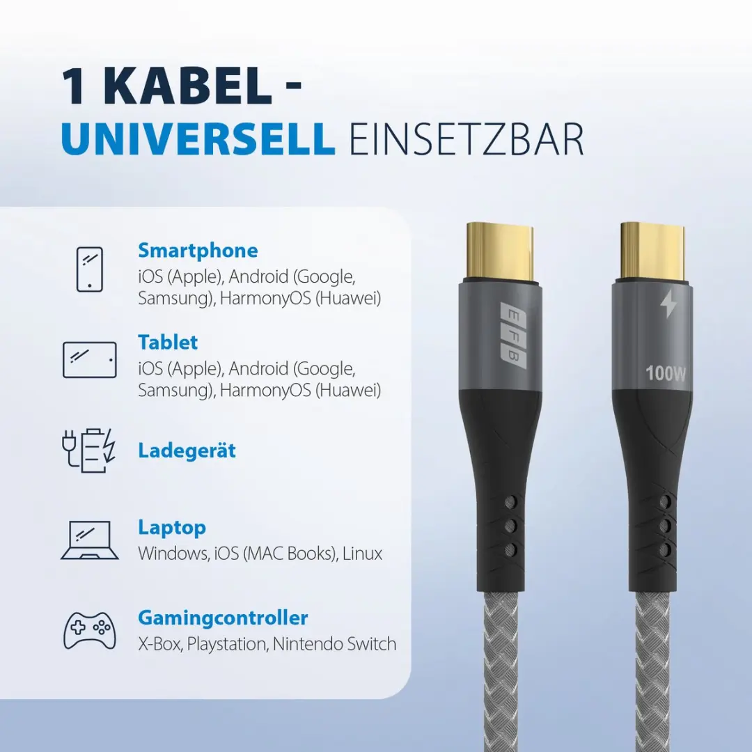 EFB Elektronik USB-CC-00001 USB-C-kabel 100W - Grijs - afbeelding 3 van 6