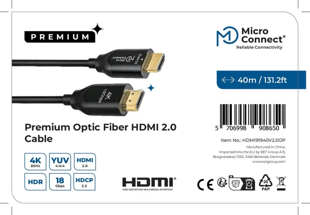 Microconnect HDM191940V2.0OP HDMI 2.0 Kabel 40m - Zwart - afbeelding 2 van 6
