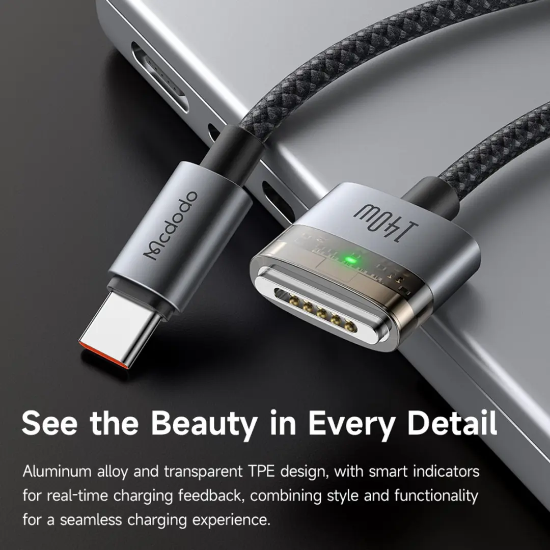 Mcdodo CA-2071 USB-C naar MagSafe 3 Kabel - 140W - 2m - Zwart - afbeelding 2 van 6