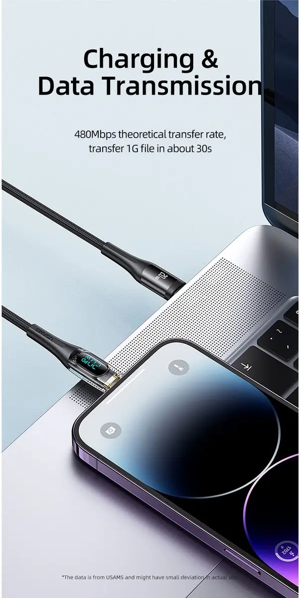 USAMS USB-C naar Lightning kabel 1.2m - 20W - Digitaal Display - Zwart - afbeelding 4 van 6
