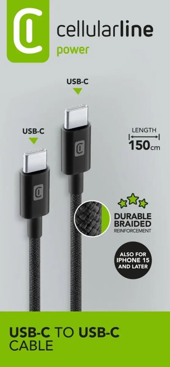 Cellularline USB-C naar USB-C Kabel 150cm - Gevlochten - Zwart - afbeelding 5 van 6