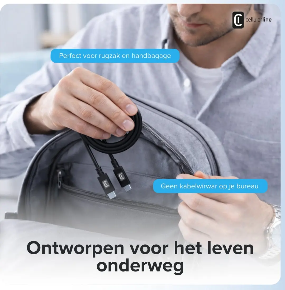 Cellularline USB-C naar USB-C Kabel 150cm - Gevlochten - Zwart - afbeelding 3 van 6
