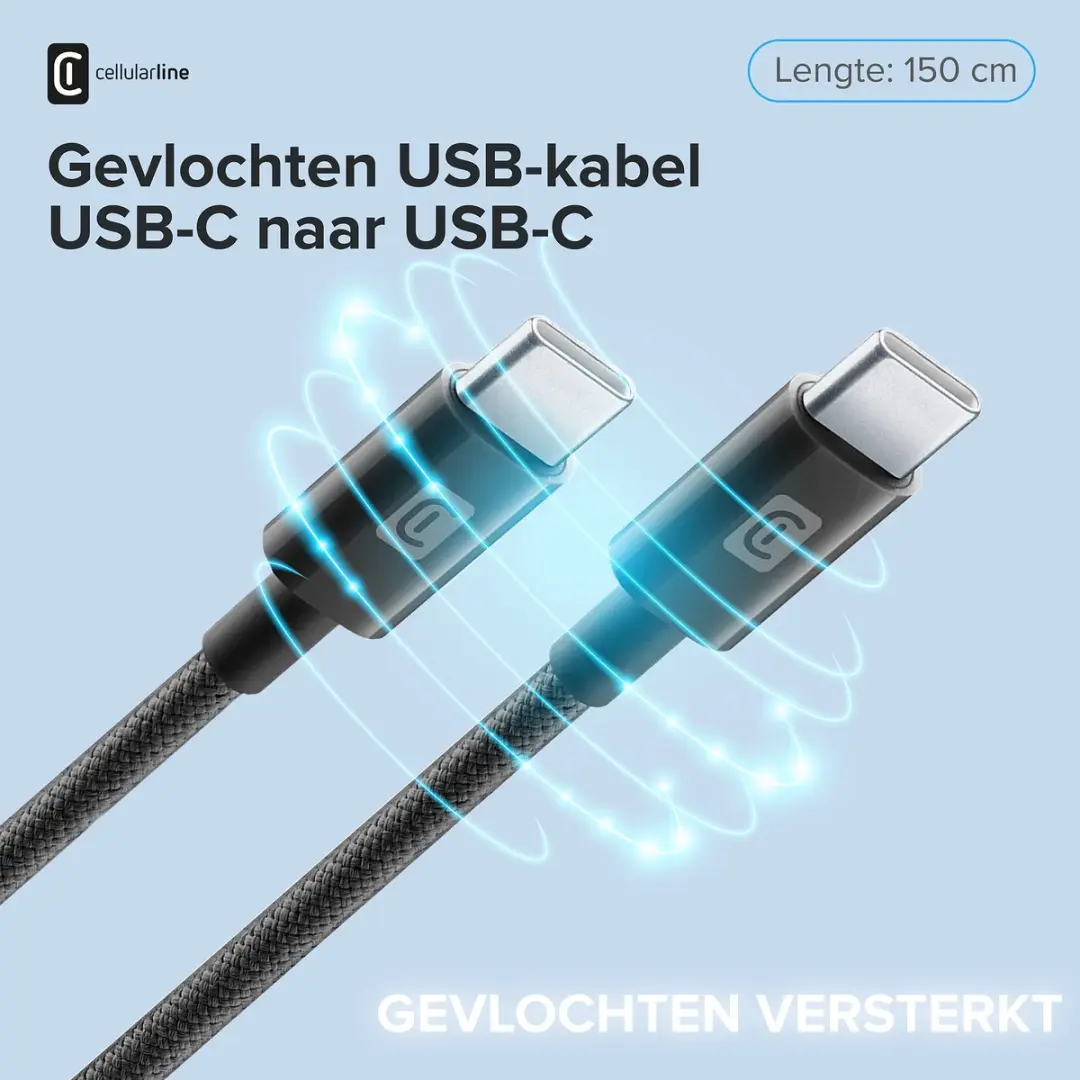 Cellularline USB-C naar USB-C Kabel 150cm - Gevlochten - Zwart - afbeelding 2 van 6