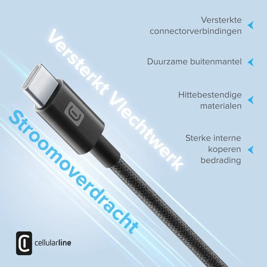 Cellularline USB-C naar USB-C Kabel 150cm - Gevlochten - Zwart - afbeelding 6 van 6