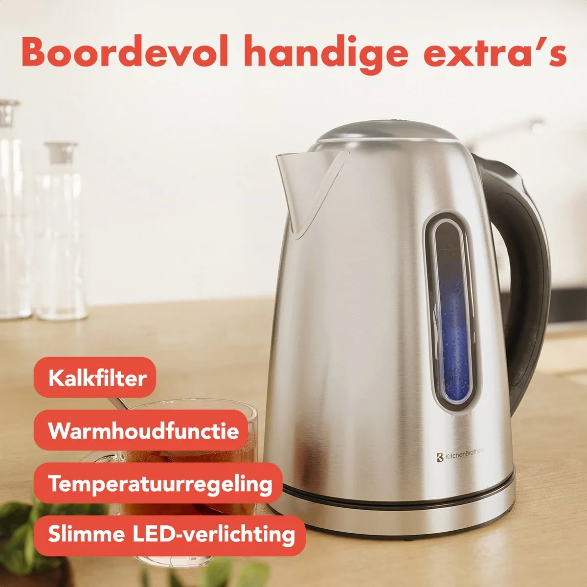 KitchenBrothers KB4065 Waterkoker 1,7L - 2200W - 7 Programma's - RVS