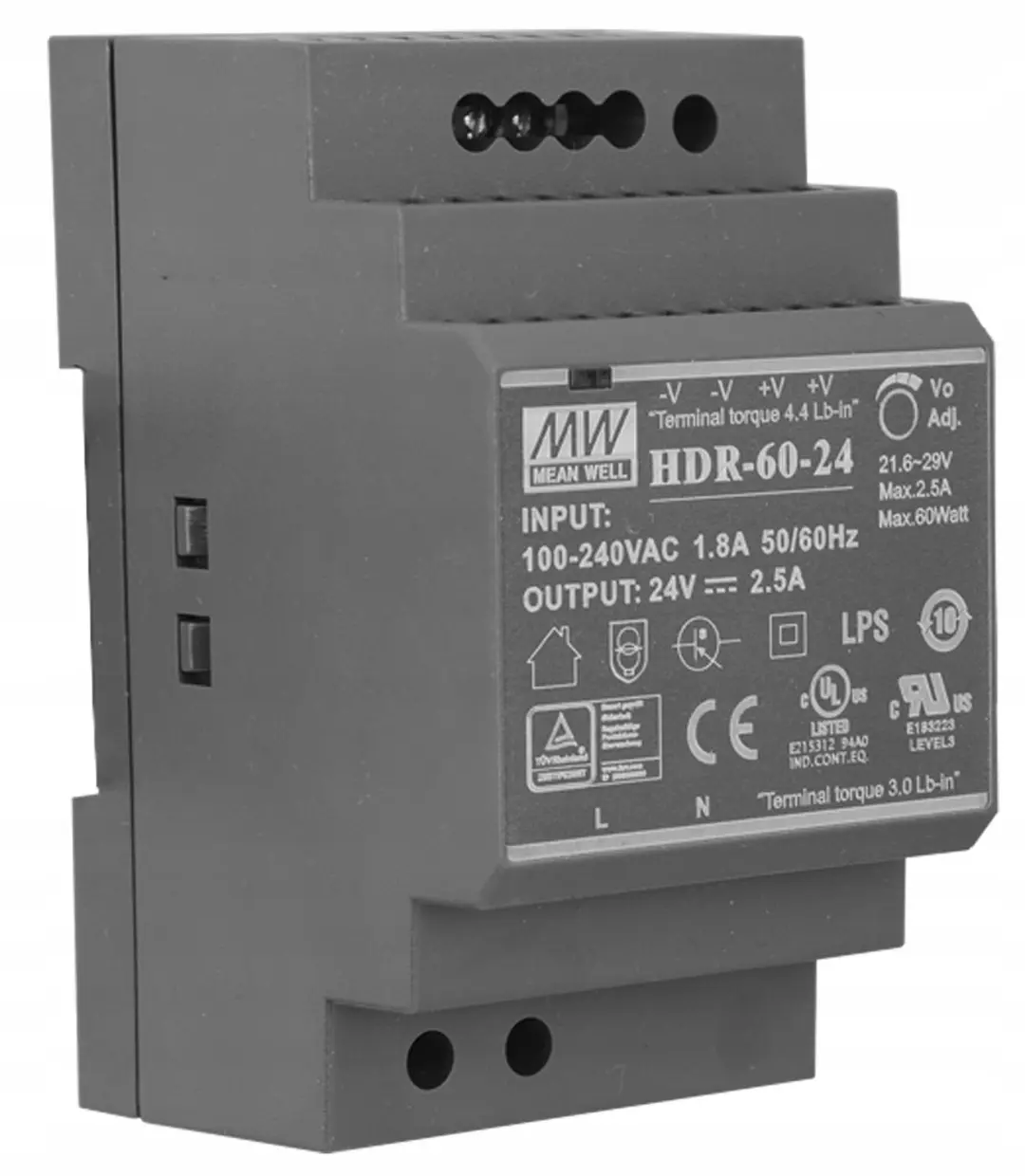 Mean Well HDR-60-24 DIN-rail voeding 24V 2.5A 60W - afbeelding 2 van 5