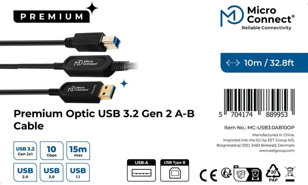 MicroConnect Premium Optic MC-USB3.0AB10OP USB-kabel 10m - Zwart - afbeelding 3 van 6