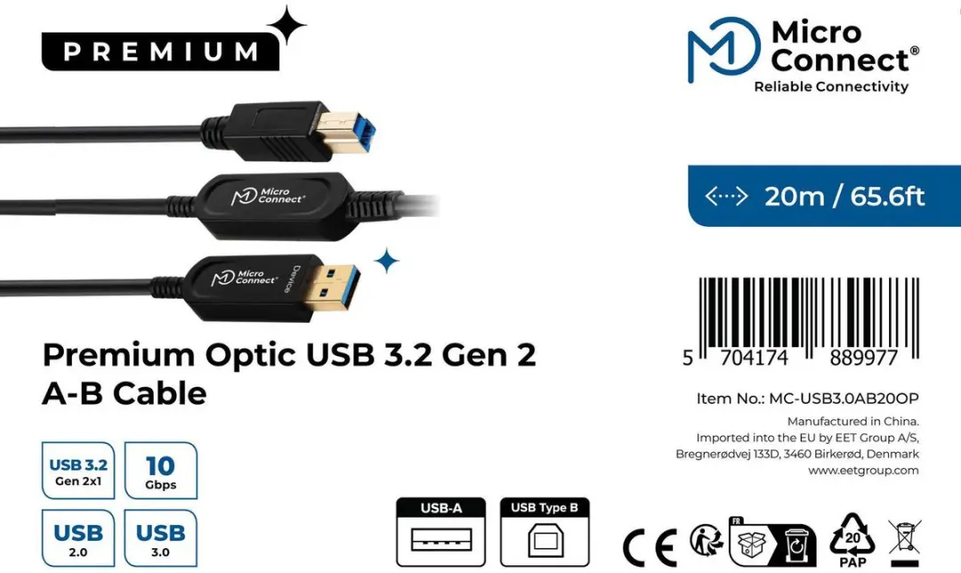 MicroConnect MC-USB3.0AB20OP USB-kabel 20m - Zwart - afbeelding 3 van 6
