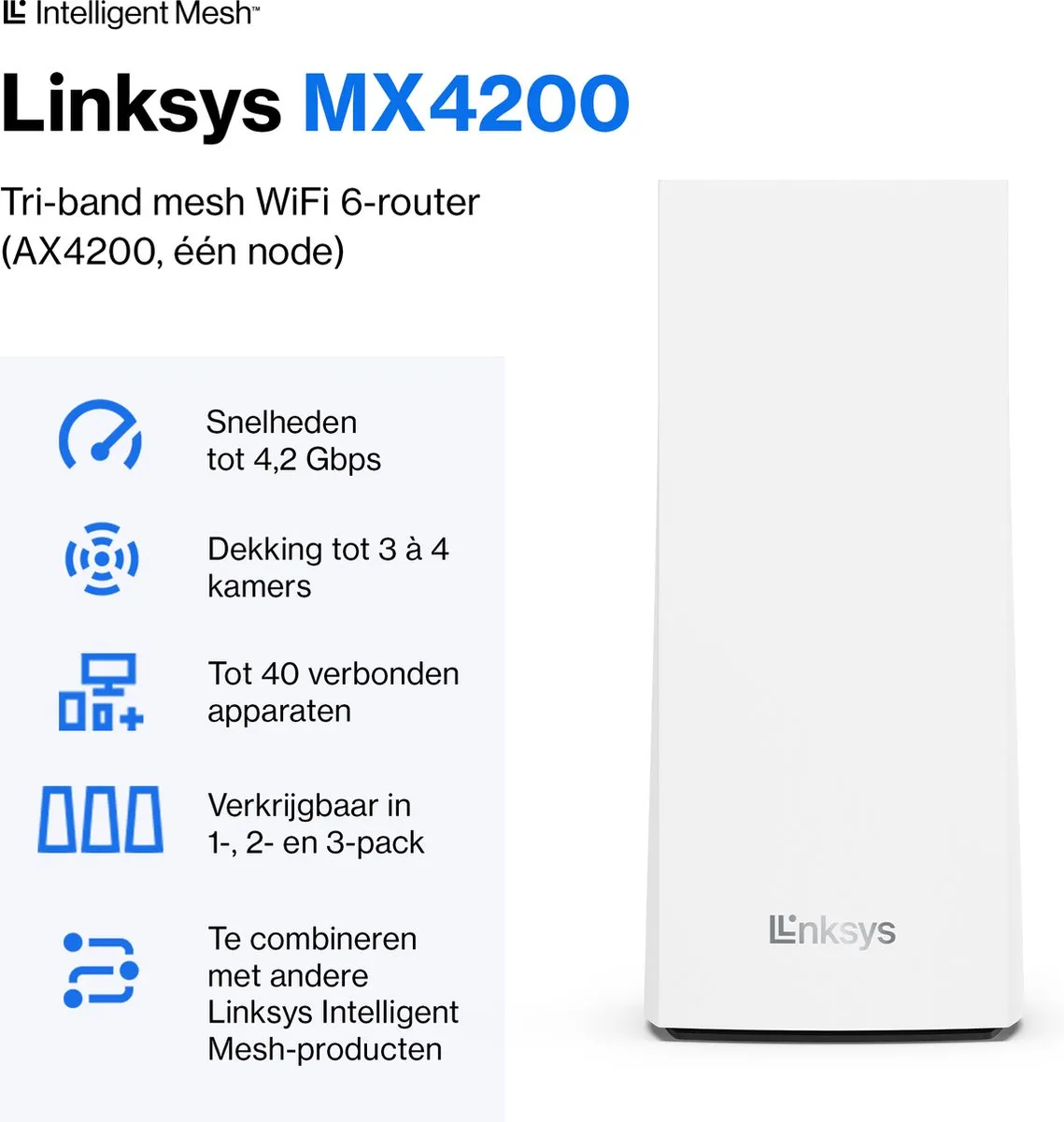 Linksys Velop MX4200 Tri-Band Mesh Wifi 6 - 1-Pack - Wit