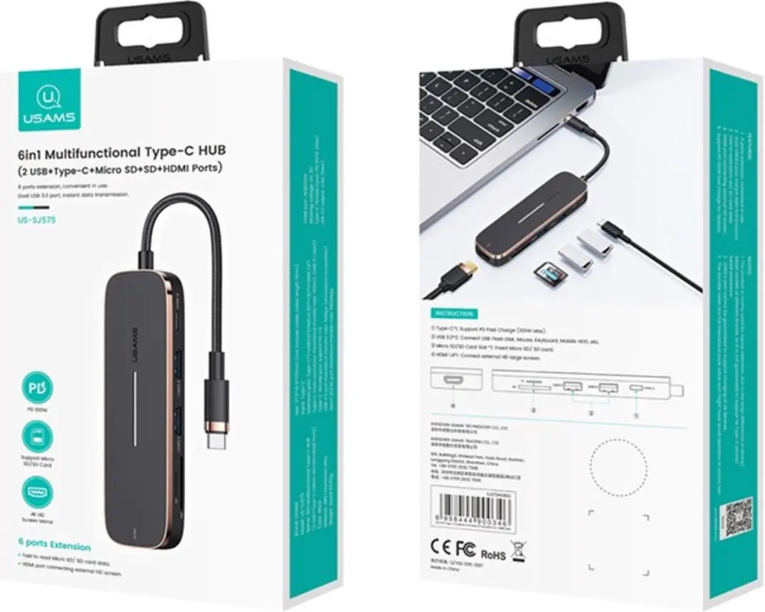 USAMS SJ575HUB01 USB-C Hub - 6-in-1 - afbeelding 3 van 6