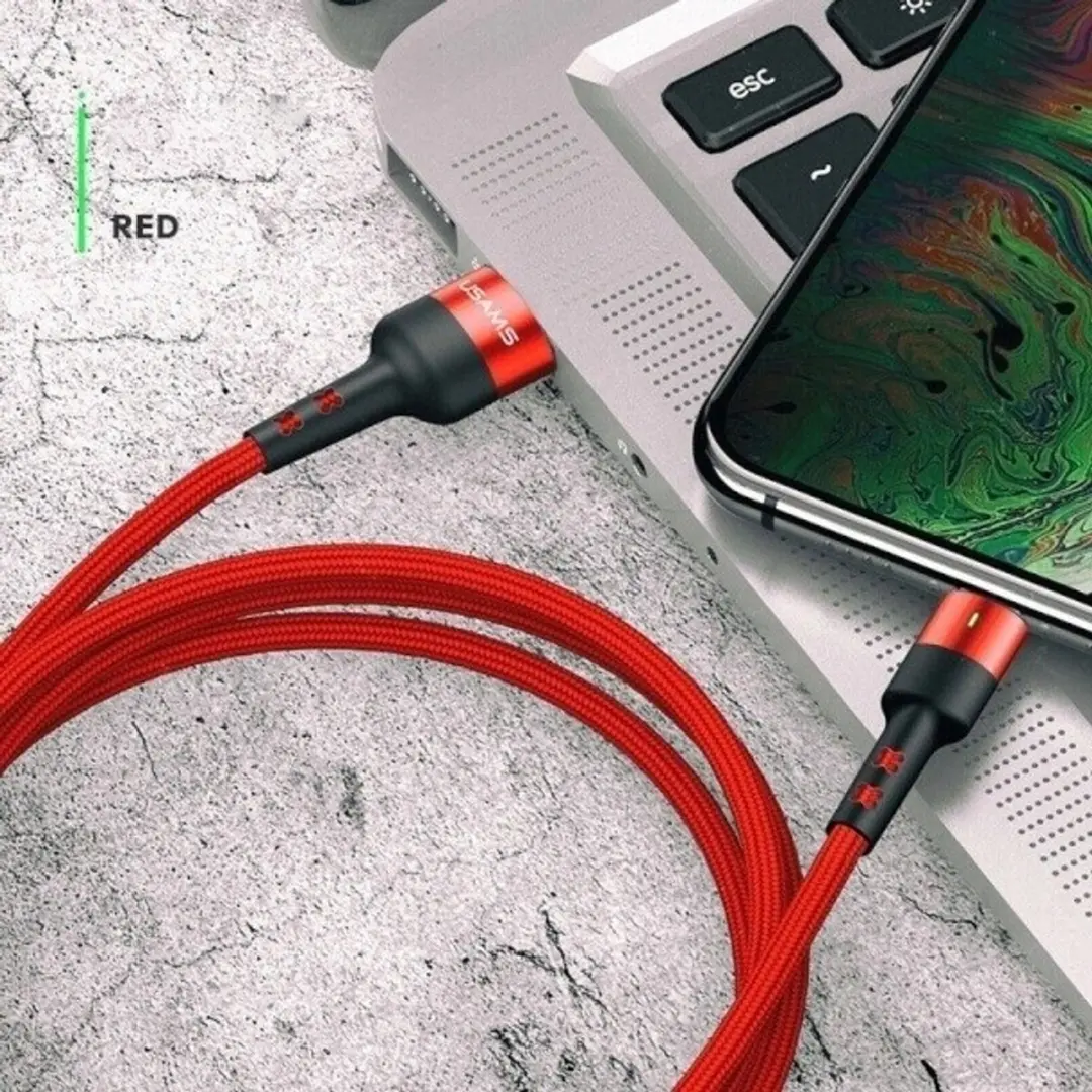 USAMS Gevlochten USB-A naar USB-C Kabel - 1m - Rood - afbeelding 3 van 4