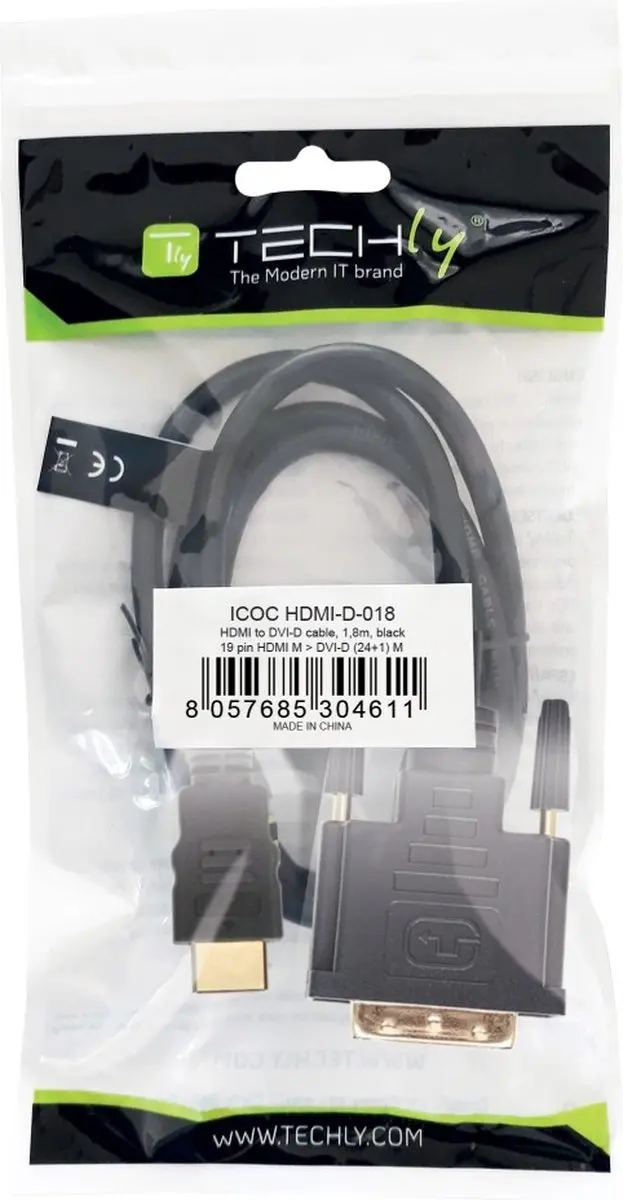 Techly ICOC-HDMI-D-018 Videokabel HDMI naar DVI 1.80m - Zwart - afbeelding 5 van 6