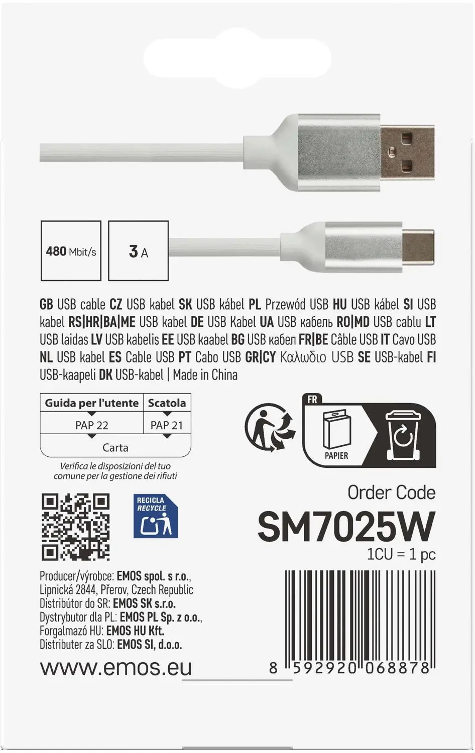 EMOS SM7025W USB-A naar USB-C kabel - 1m - Wit - afbeelding 3 van 6