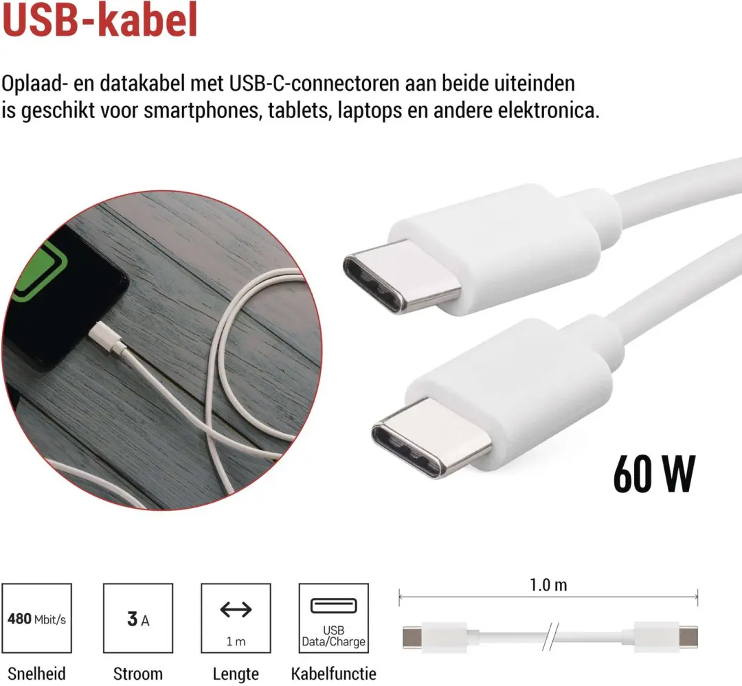Emos USB-C naar USB-C kabel 1m SM7027W - Wit - afbeelding 2 van 6