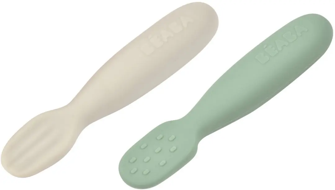 Béaba Siliconen Oefenlepels Baby - 2 Stuks - Groen/Grijs - afbeelding 2 van 2