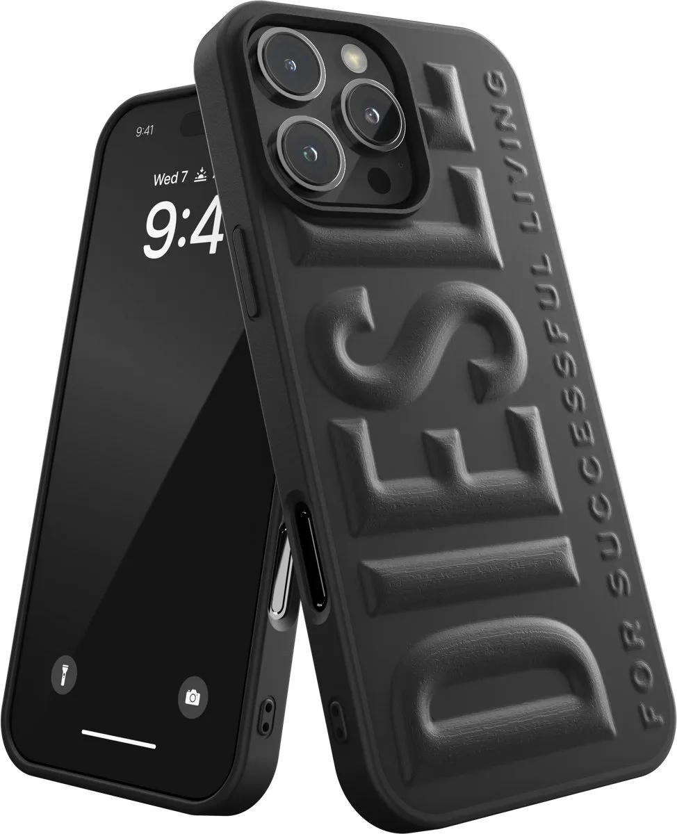 Diesel 3D Telefoonhoesje iPhone 16 Pro Max – Zwart – 3D Logo – Valbescherming tot 2 Meter – Draadloos Opladen – Shockproof – Backcover – Origineel Diesel Accessoire met Diesel logo