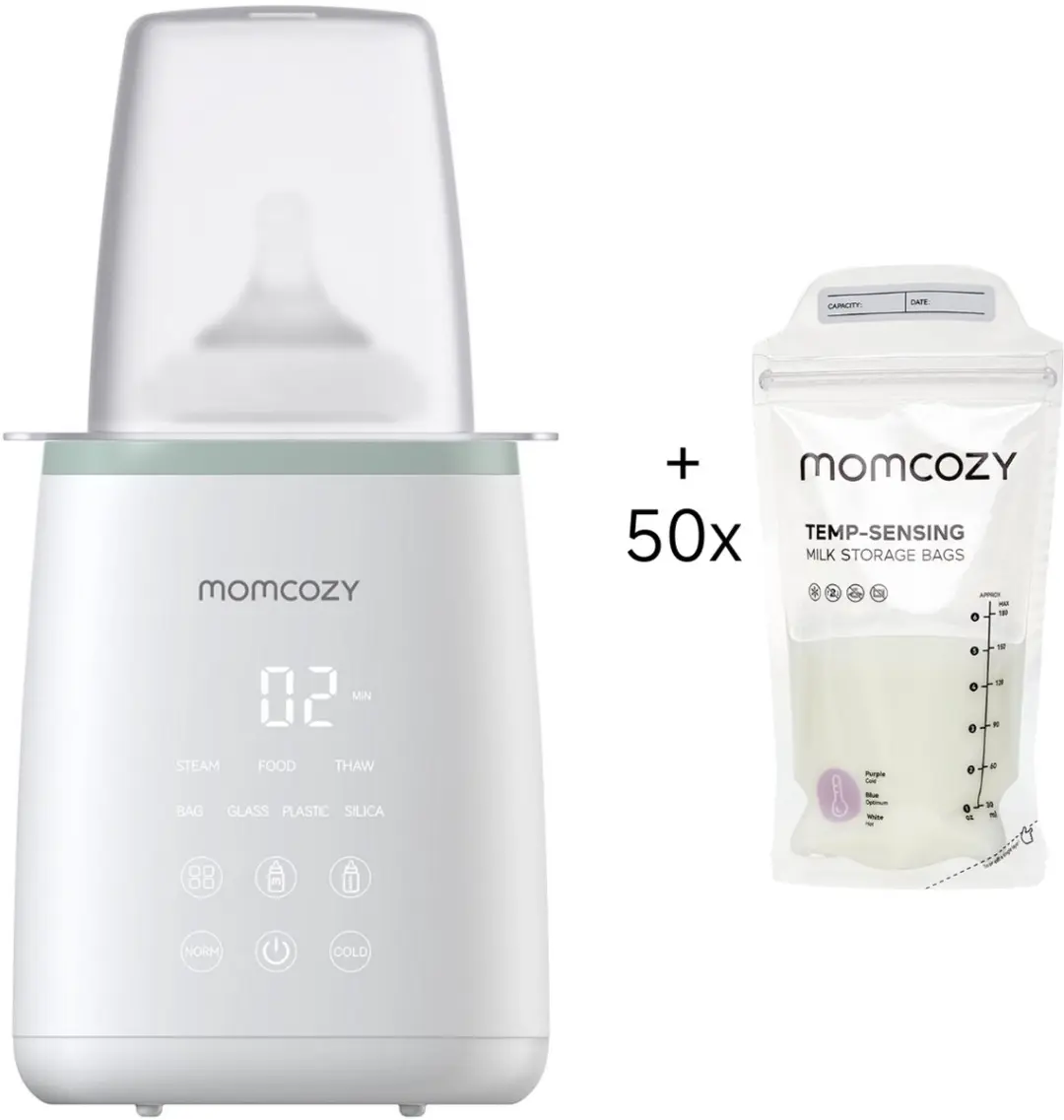 Momcozy Flessenwarmer met 50 bewaarzakjes voor moedermelk