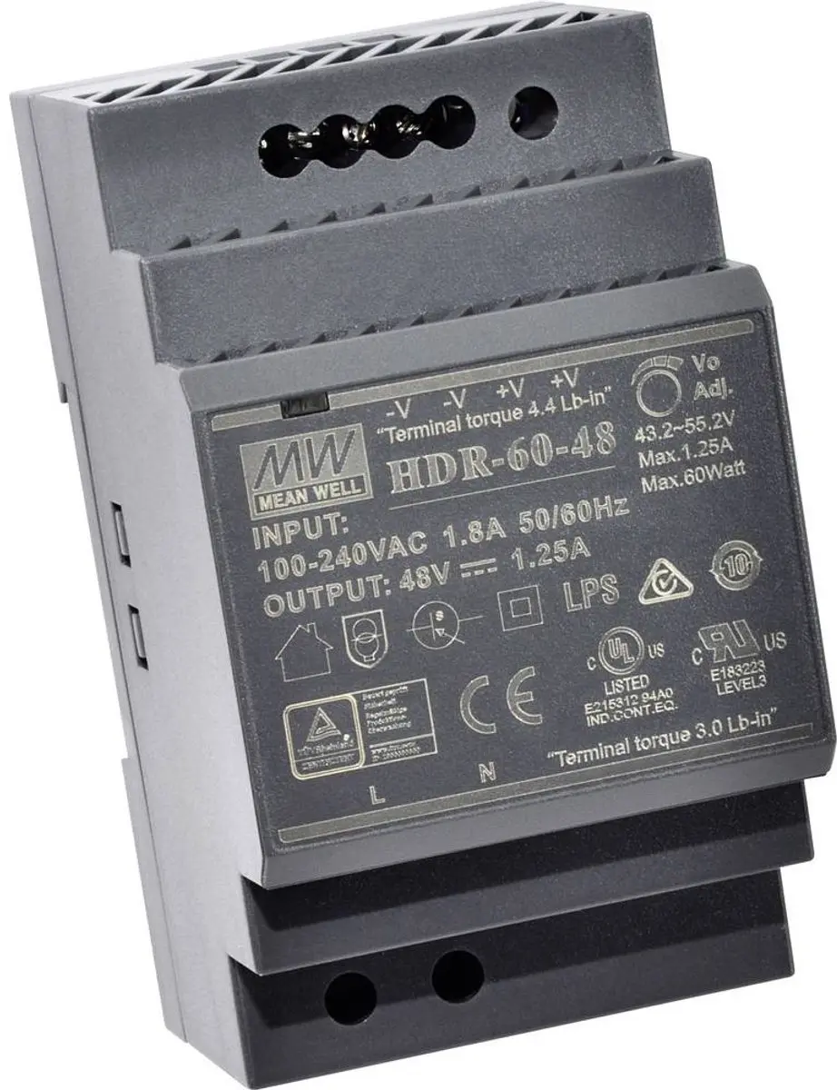 Mean Well HDR-60-15 DIN-rail netvoeding 15V 4A 60W - afbeelding 6 van 6