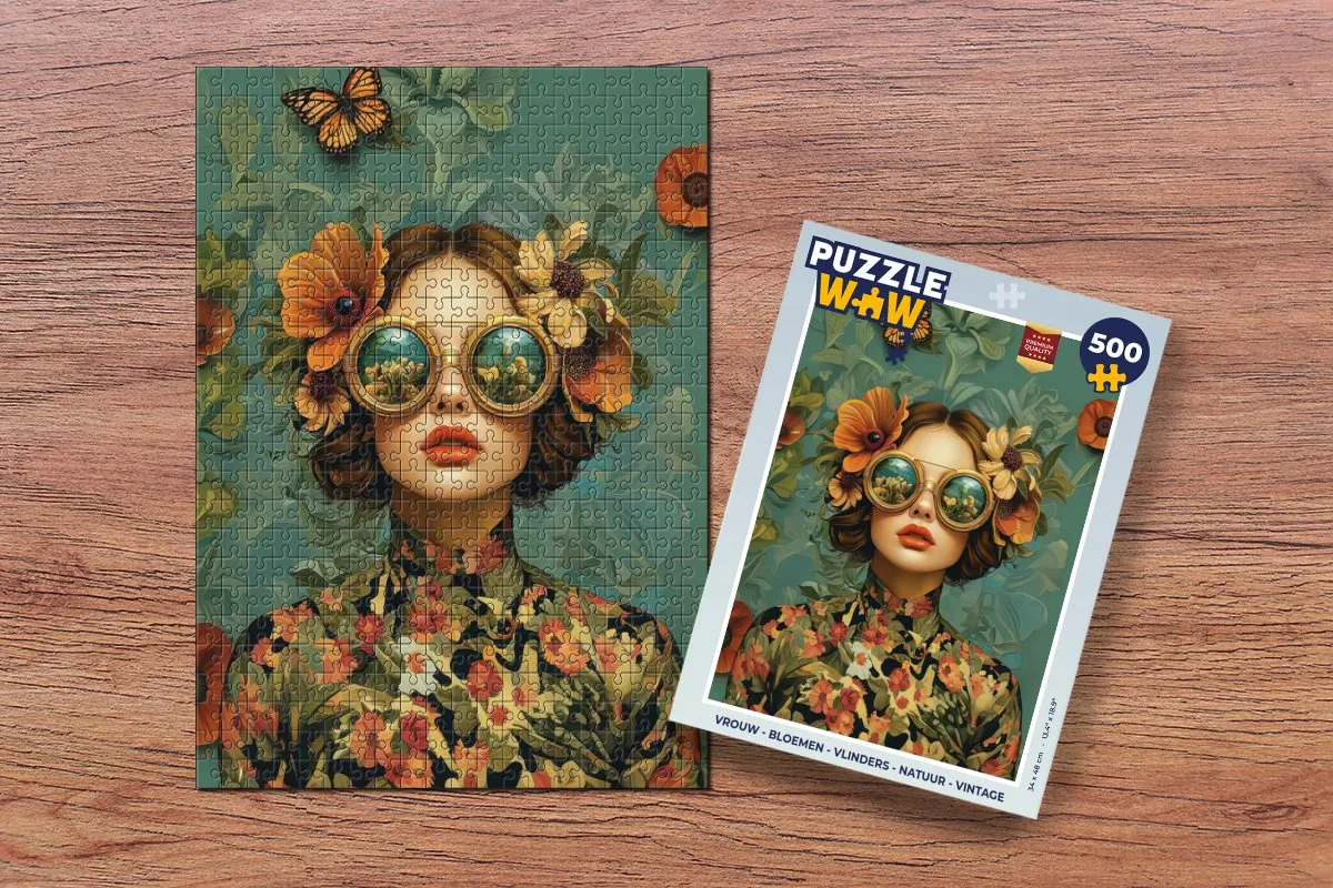 PuzzleWow Vrouw Bloemen Vlinders Natuur Vintage Legpuzzel 500 Stuks - Multi