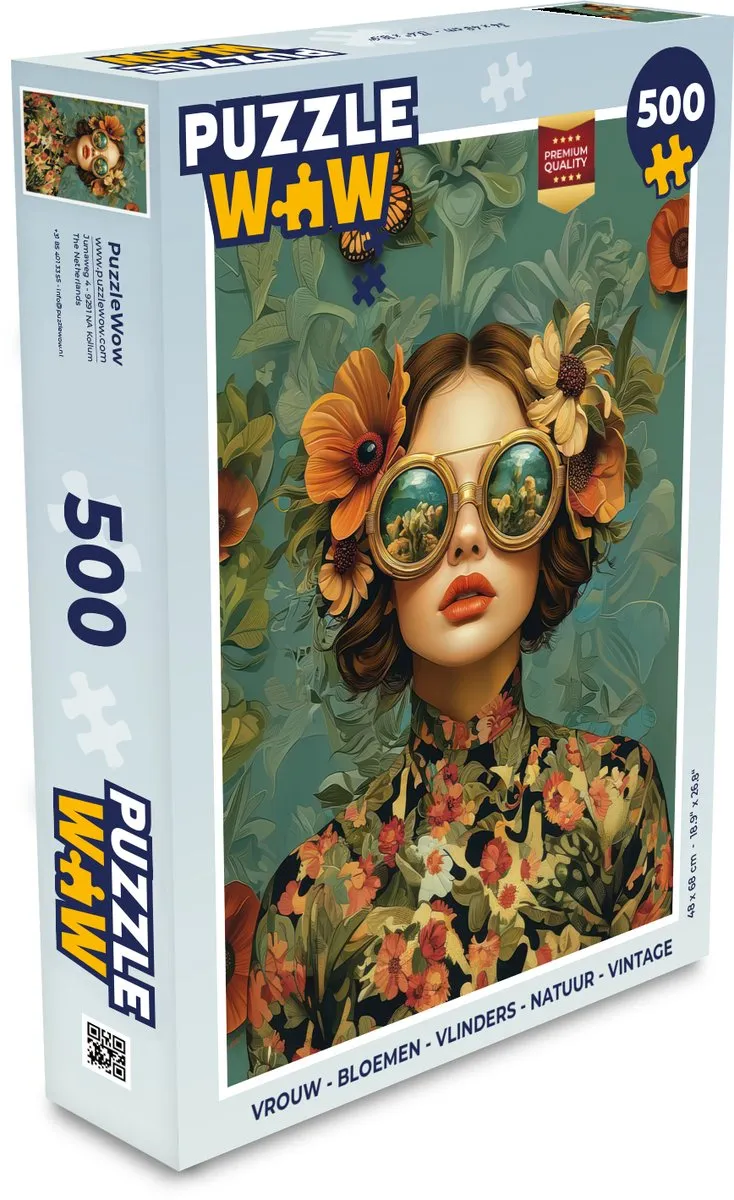 PuzzleWow Vrouw Bloemen Vlinders Natuur Vintage Legpuzzel 500 Stuks - Multi